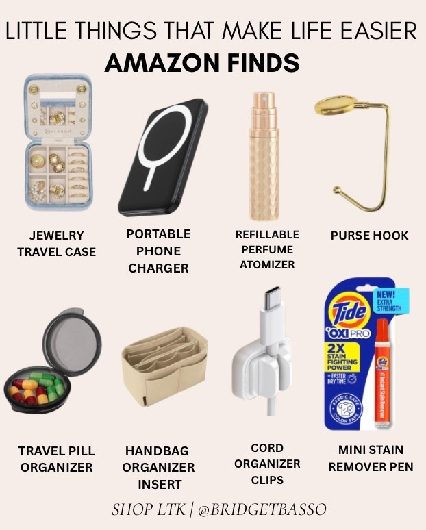 Amazon finds that make life easier ✨ Everyday essentials including a portable phone charger, jewelry travel case, refillable perfume atomizer, purse hook, travel pill organizer, handbag organizer, cord clips and stain remover pen.

#LTKTravel #LTKSaleAlert