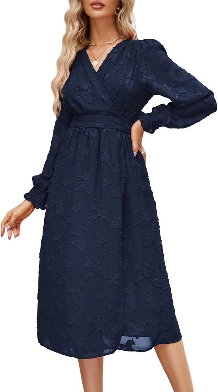 JASAMBAC Women's 2023 Fall Floral Wedding Guest Dresses for Women Long Sleeve Belted A-Line Flowy Mi | Amazon (US)