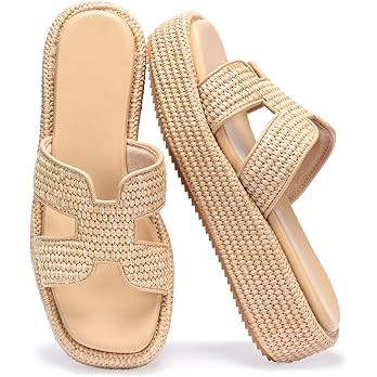 Monrovia Raffia Platform Sandals for Women Slip-On Espadrille Wedges Slides, Flatform Woven Straw... | Amazon (US)