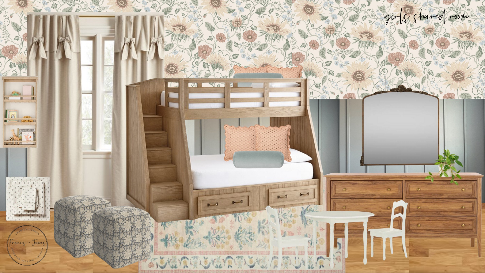 Floral wallpaper, sibling room, girls room, sister room, whimsical bedroom, whimsical girls room, girls room, play table, antique mirror, dresser, pink rug, girls bedroom, sibling room, floral ottoman, girls room curtains, pink pillows, bookshelf, girls room, girl nursery, toddler girls room

#LTKBaby #LTKBump #LTKFamily