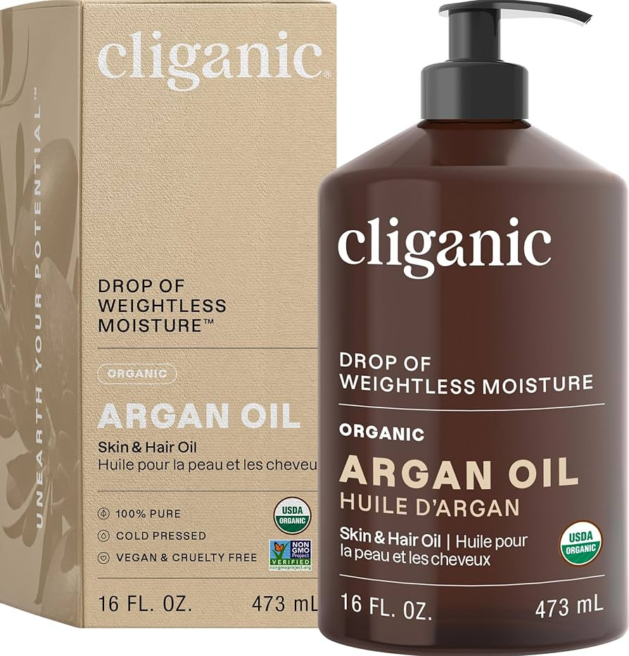 Cliganic Organic Argan Oil 16oz with Pump, 100% Pure | Bulk for Hair, Face & Skin (Packaging May ... | Amazon (US)