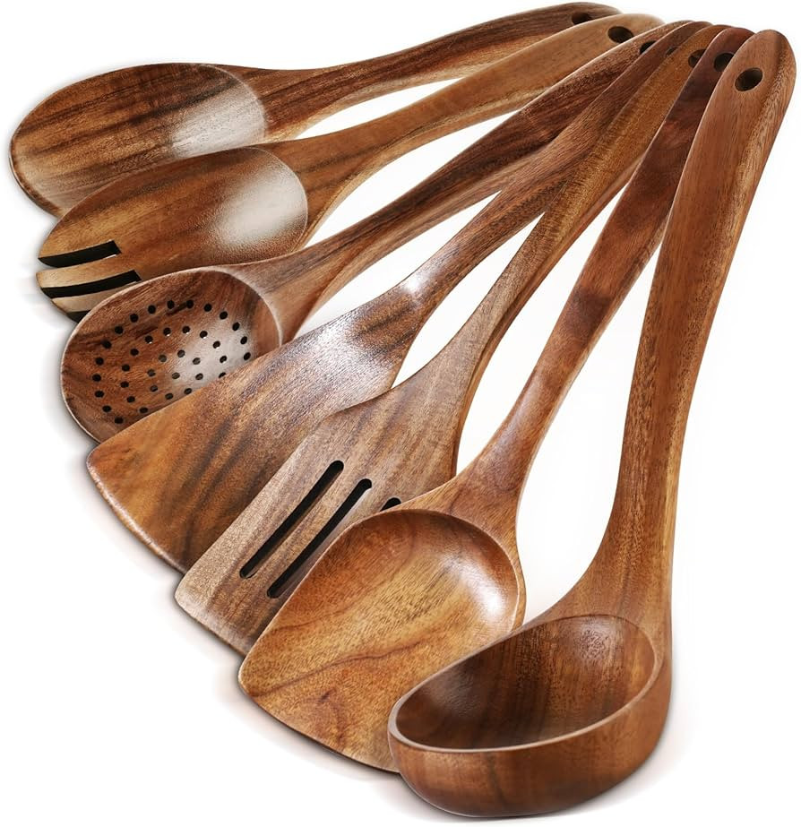 Wooden Spoons for Cooking - 7 Pieces Wooden Kitchen Utensils Set, Smooth Natural Teak Wood Utensi... | Amazon (US)