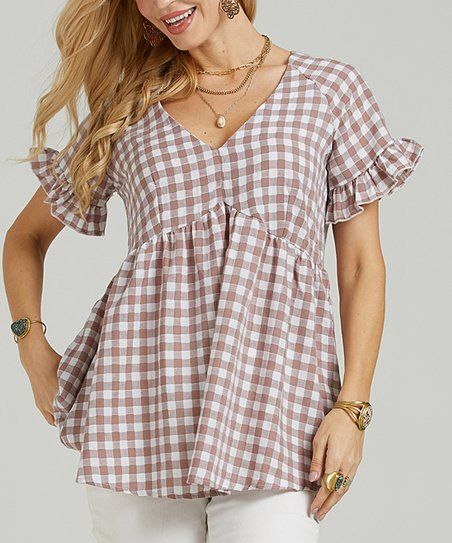 Suzanne Betro Pink & White Gingham Ruffle-Sleeve V-Neck Babydoll Tunic - Women & Plus | Zulily