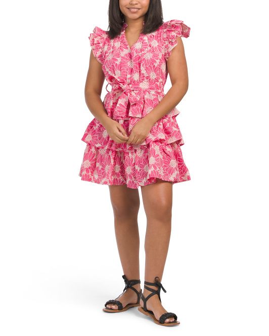 Flutter Sleeve Tiered Floral Eyelet Mini Dress With Tie Waist | TJ Maxx