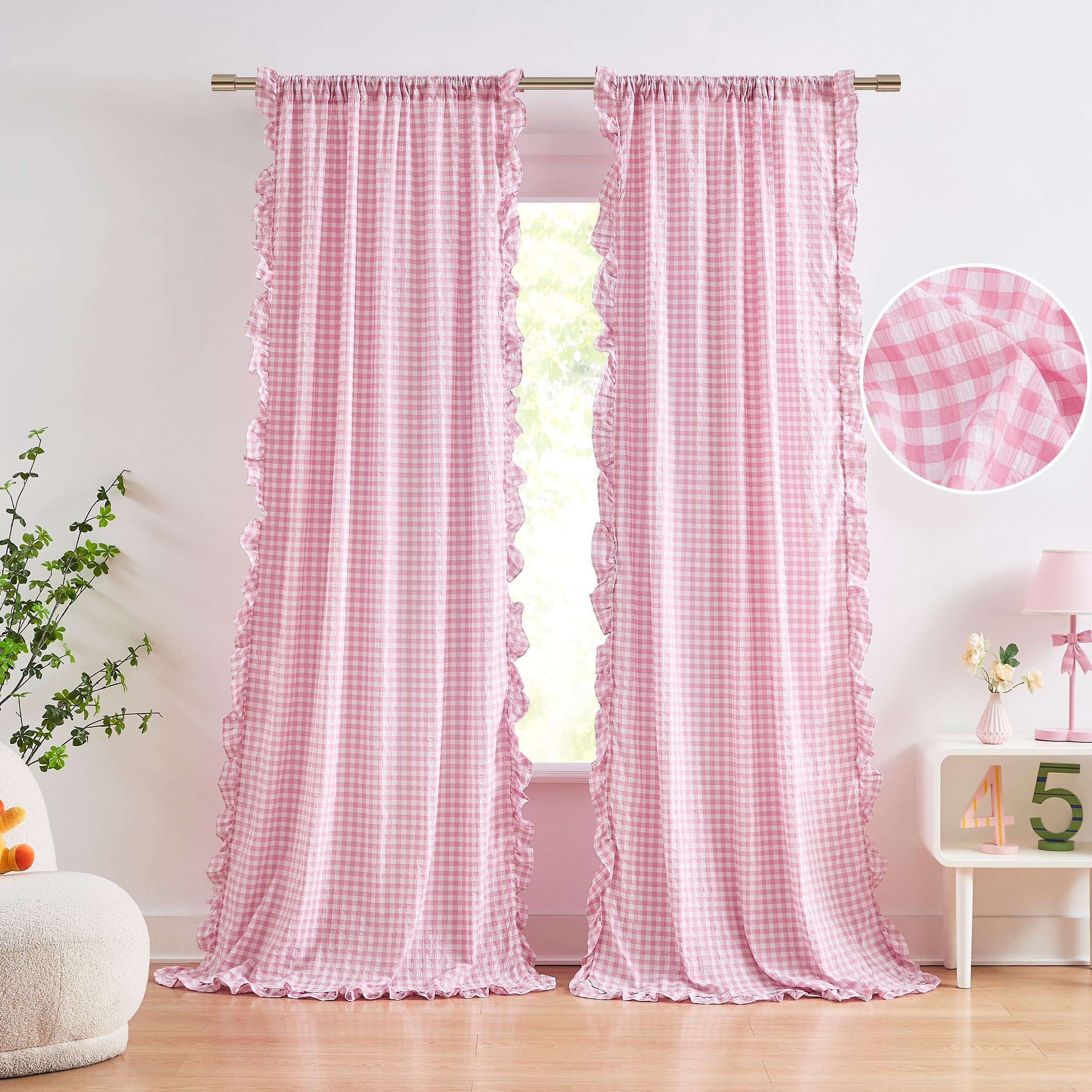 ZJDECOR 95 Inch Light Pink Buffalo Plaid Ruffle Curtains for Girls Room Bedroom Living Room,Not-S... | Amazon (US)