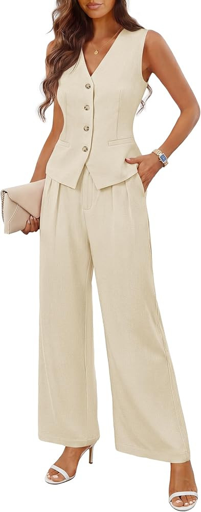 MEROKEETY Women's 2 Piece Outfits Summer 2026 Sleeveless Suit Vest Wide Leg Pants Business Work C... | Amazon (US)