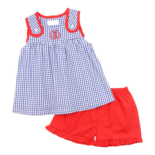 Red And Navy Check Ruffle Short Set - Shipping Mid-June | Cecil and Lou