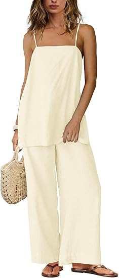 Yanekop Linen Sets for Women 2 Piece Pants Summer Outfits Matching Lounge Sets Spaghetti Strap Ta... | Amazon (US)