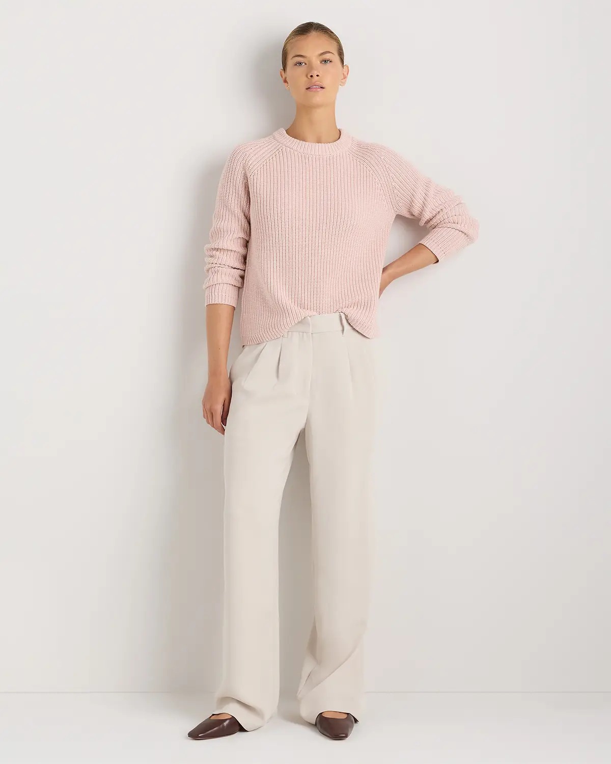 Women's 100% Organic Cotton Fisherman Crew Sweater in Shell Pink | Quince