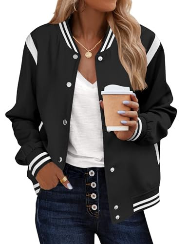 Zeagoo Women's Bomber Jacket Spring Lightweight Button Up Varsity Jacket Casual Striped Work School Outerwear with Pockets | Amazon (US)