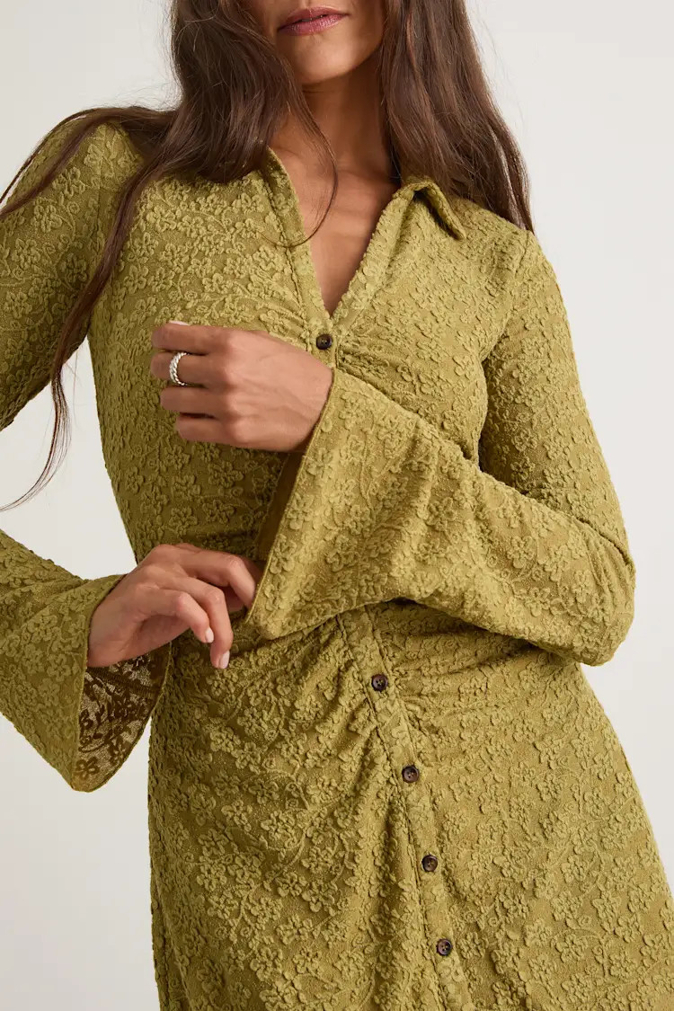 Marcella Chartreuse Jacquard Button-Front Mini Dress | Lulus