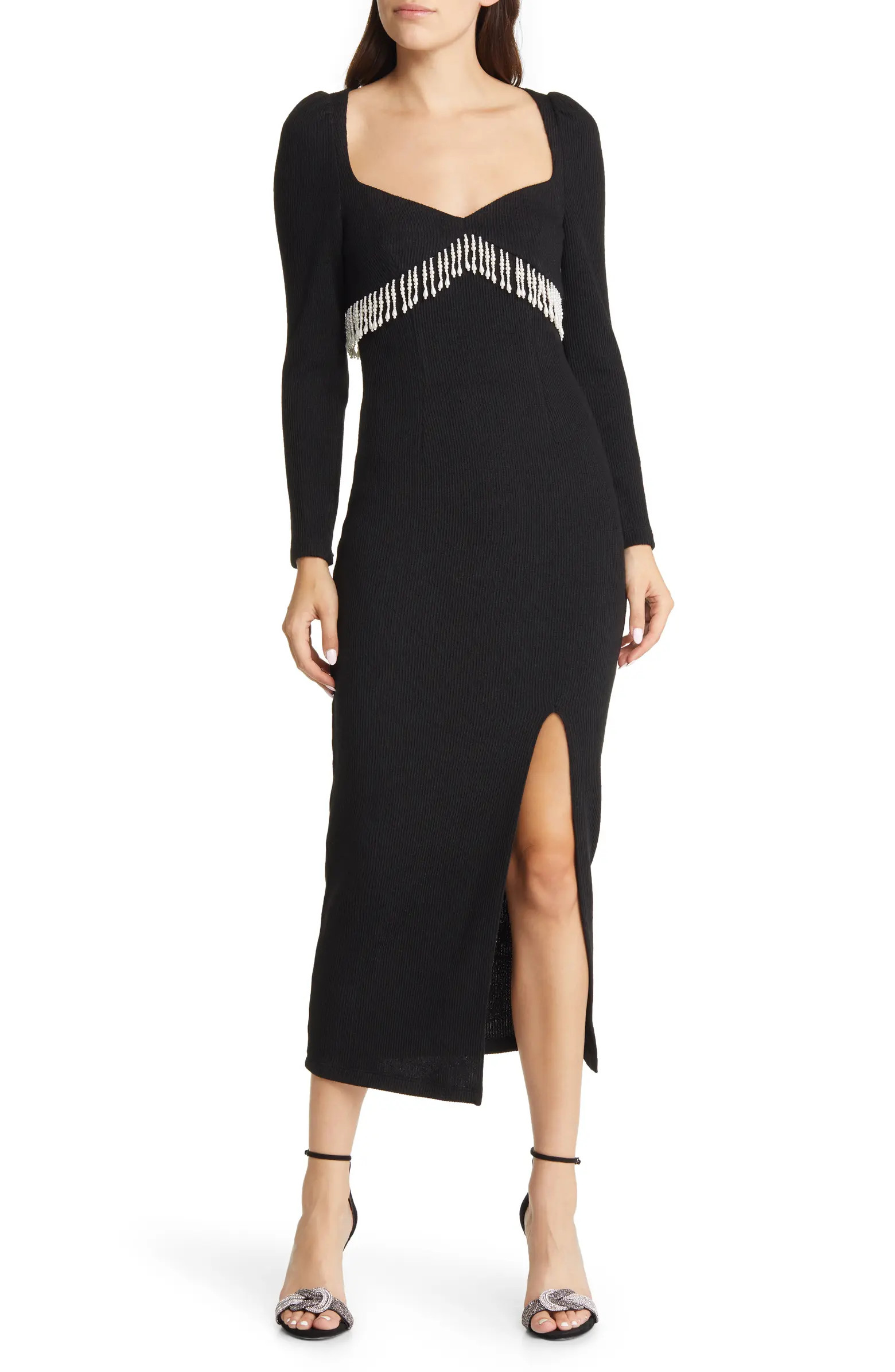 Saylor Alina Ribbed Imitation Pearl Fringe Long Sleeve Midi Dress | Nordstrom | Nordstrom