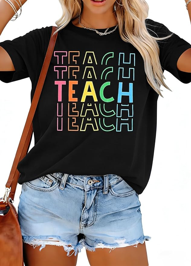 Teacher Shirts Women Teach Print Graphic Tees Kindergarten Elementary Teaching Life Shirts Back t... | Amazon (US)