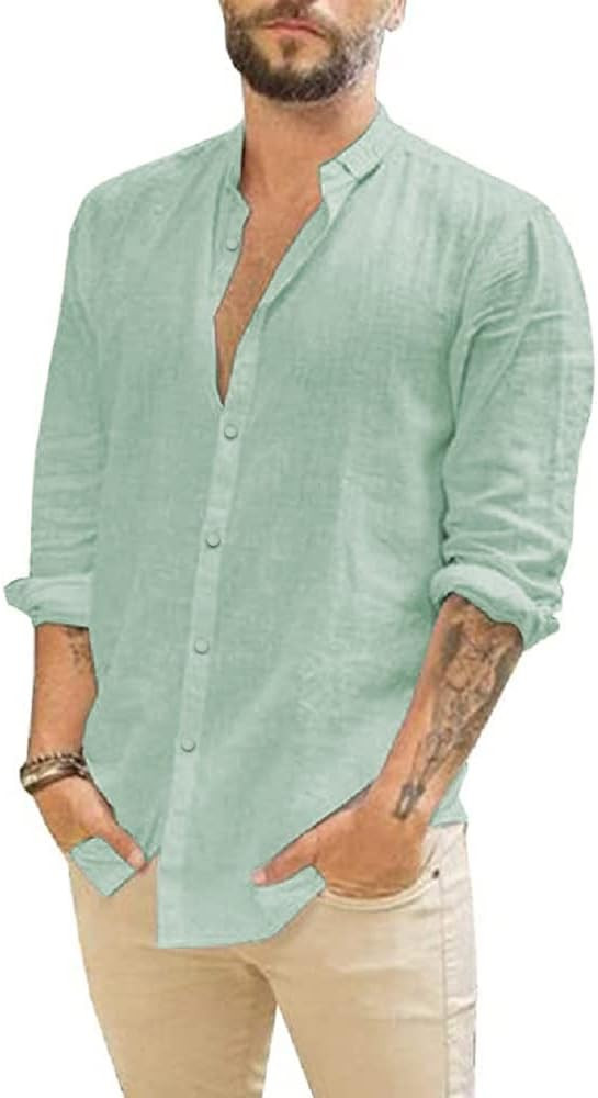 JEKAOYI Mens Summer Casual Long Sleeve Cotton Linen Shirts Buttons Up Solid Plain Roll-Up Sleeve ... | Amazon (US)