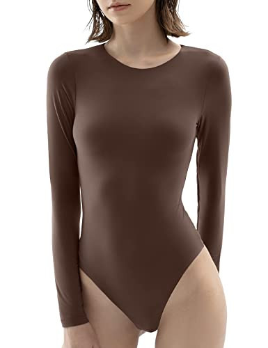 PUMIEY Long Sleeve Bodysuit For Women Sexy Crew Neck Tops Brown Body Suits Womens Fall Bodysuits Tiramisu XX-Large | Amazon (US)