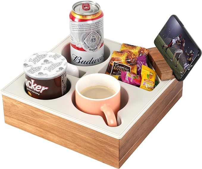 Couch Cup Holder Tray, Hitseon Handy Soft Silicone Acacia Wooden Couch Caddy for Bed Car Seat Bea... | Amazon (US)