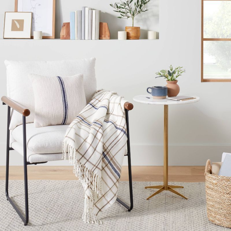 Thin Stripe Plaid with Twisted Fringe Throw Blanket Cream/Navy/Brown - Hearth &#38; Hand&#8482; w... | Target
