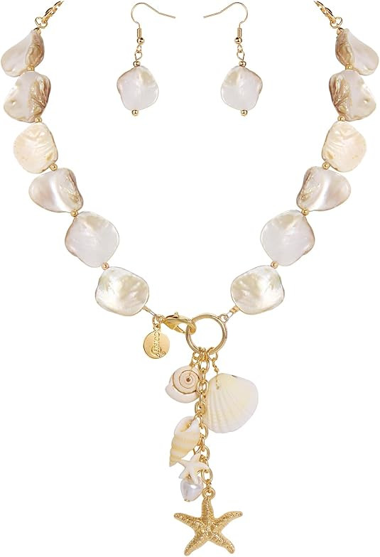 Coiris Natural Seashell Choker Necklaces Earrings Jewelry Set for Women Starfish Shell Freshwater... | Amazon (US)
