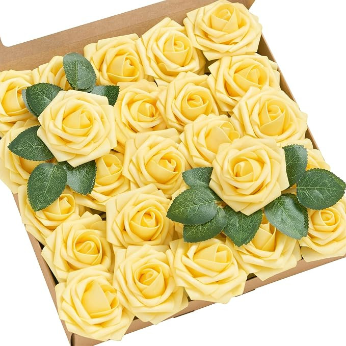 Ling's moment Artificial Flowers 25Pcs French Yellow Roses Decor w/Stems,3" DIY Foam Floral for W... | Amazon (US)
