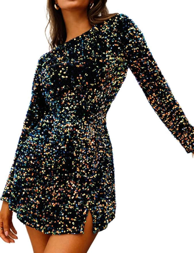 R.Vivimos Women's Sequin Bodycon Dress Fall Winter Velvet Warm Long Sleeve Crew Neck Sexy Backles... | Amazon (US)
