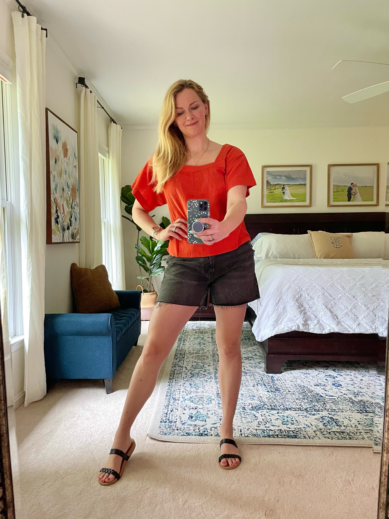 Flutter sleeve top in tomato red with button detail down the back and square neckline. Lightweight for summer & fits true to size.

Relaxed fit washed black denim jeans. Super comfortable got my normal size

Strappy braided black sandals are on sale rn!


#LTKunder50 #LTKSeasonal #LTKsalealert