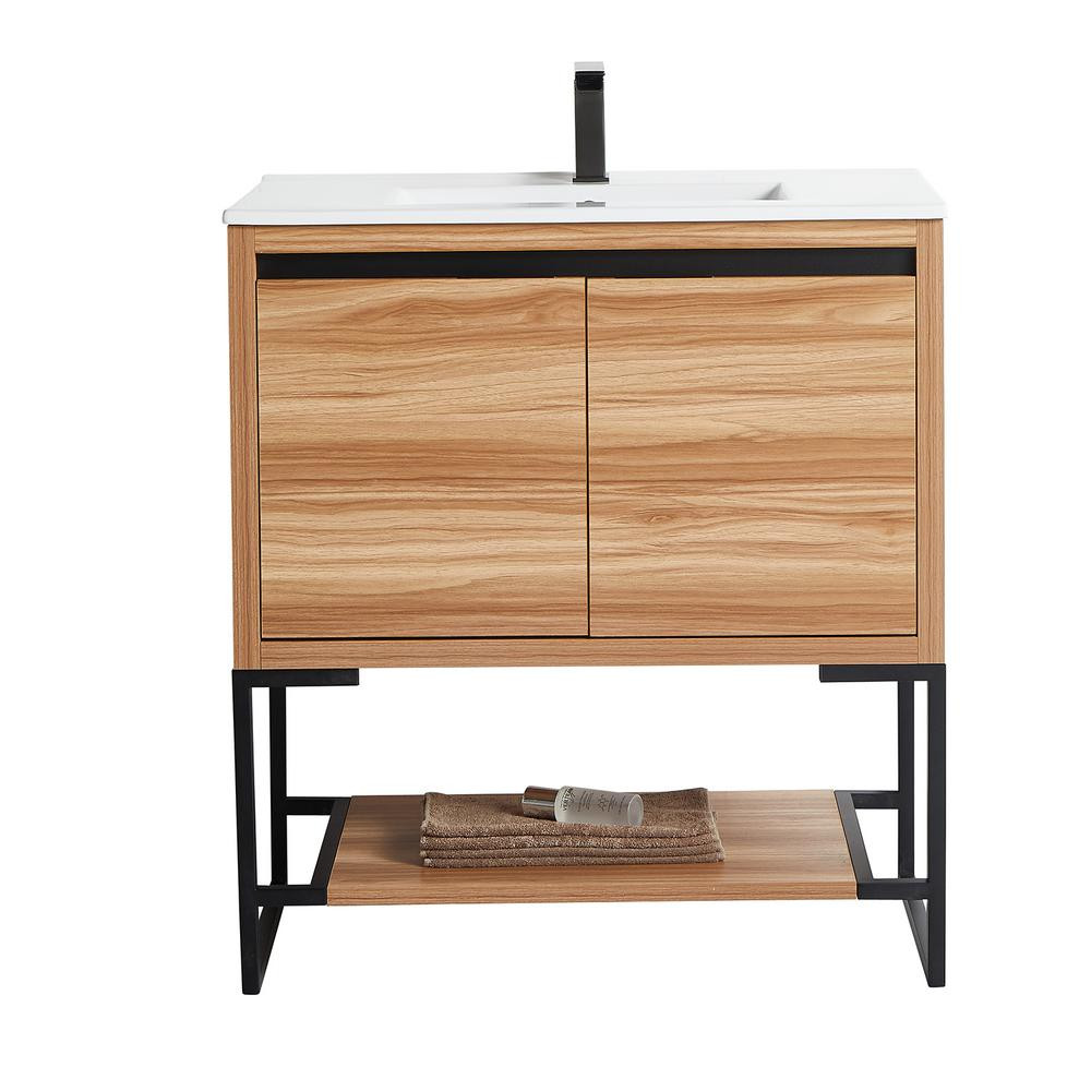 JimsMaison Tellara 30 in. W x 18 in. D x 34.25 in. H Bathroom Vanity in Maple with White Ceramic ... | The Home Depot