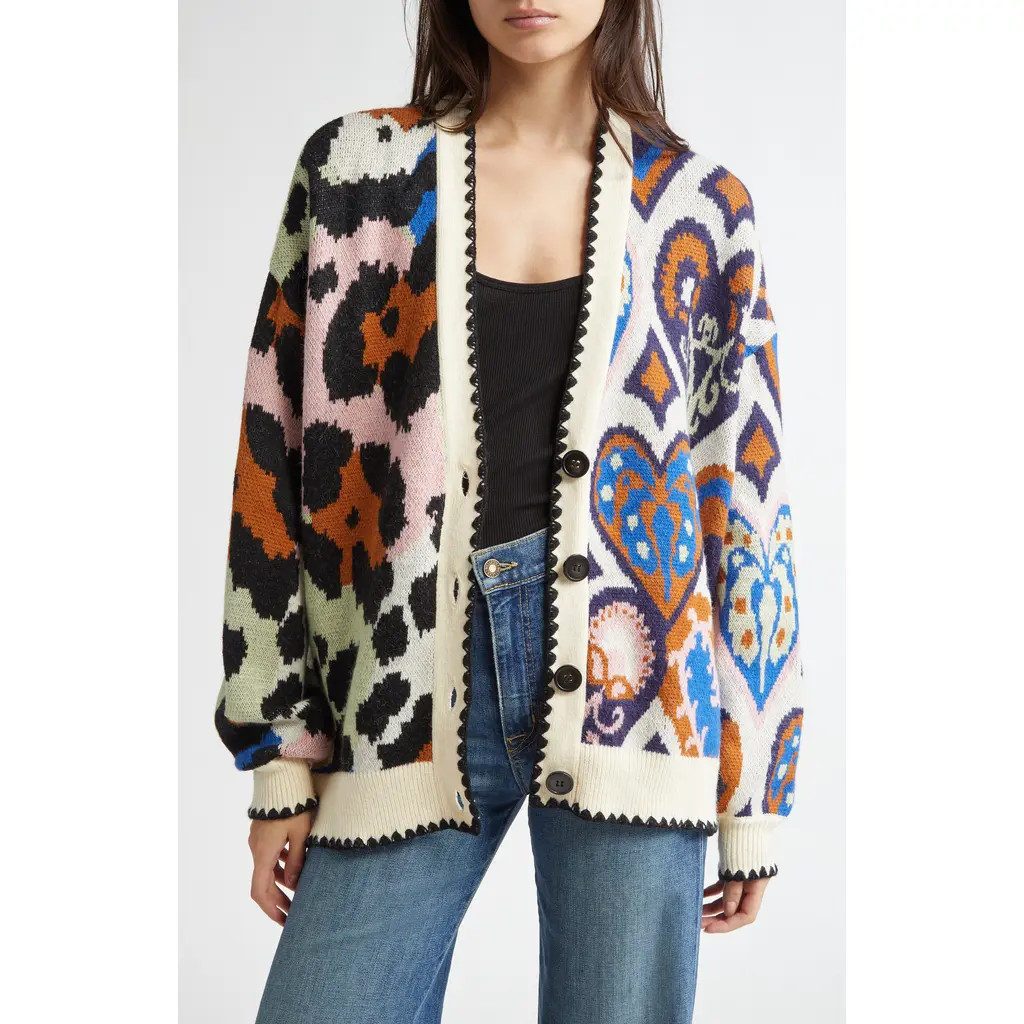 FARM Rio Mixed Ikat Hearts Cardigan in Hearts Ikat Cream at Nordstrom, Size X-Small | Nordstrom