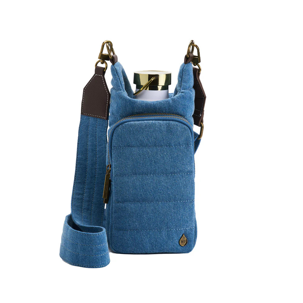 Denim HydroBag® (New!) with Antique Brass and Denim overlaid Vegan Leather Strap | WanderFull 
