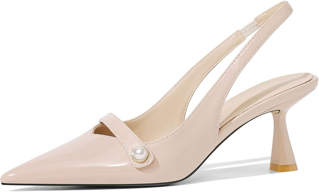 Women Kitten Heels Slingback Low Heel Pumps Dress Shoes for Women Closed Pointed Toe Pearl Heels ... | Amazon (US)