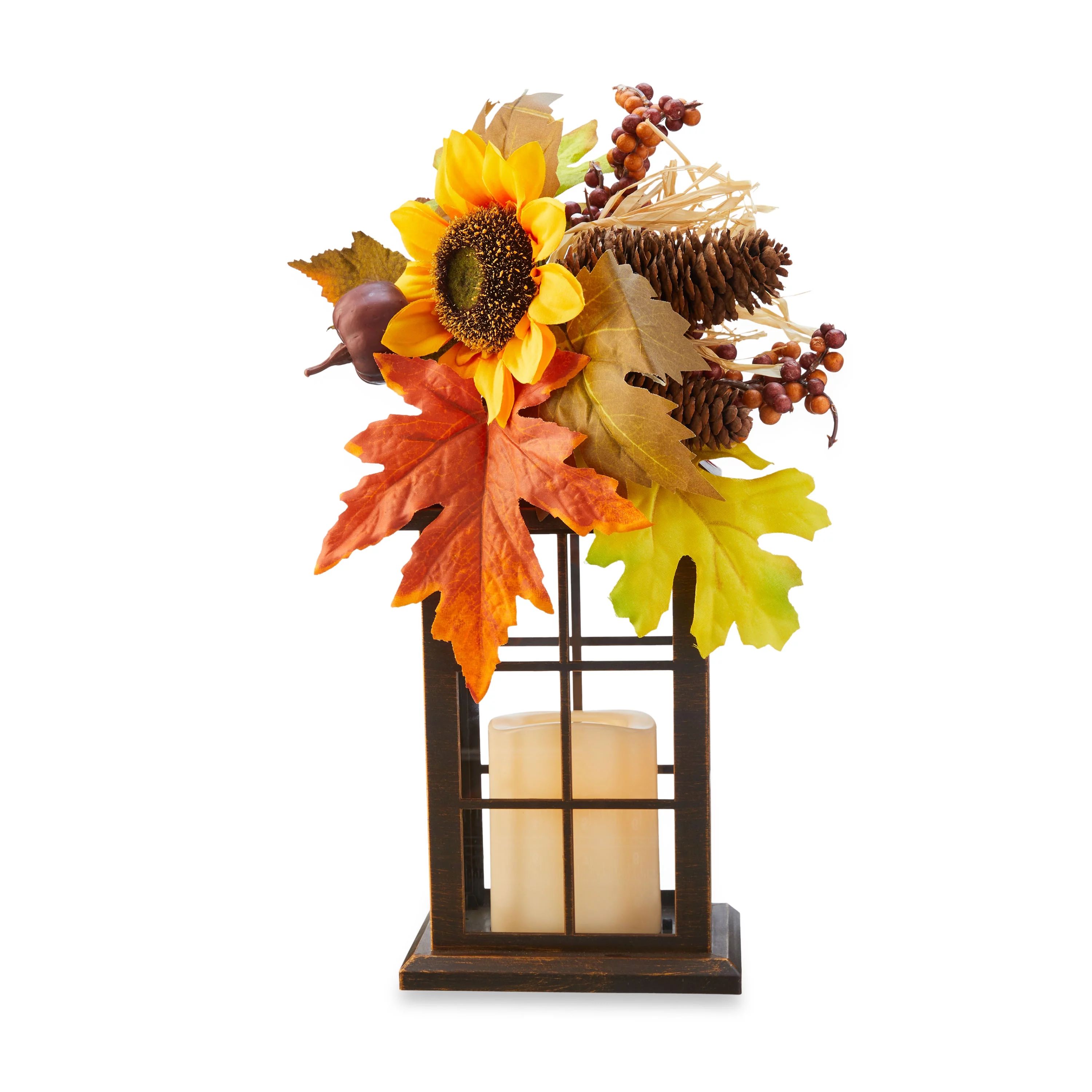 Way To Celebrate 12 Inch Height Harvest LED Lantern with Yellow Artificial Sunflower Decoration -... | Walmart (US)