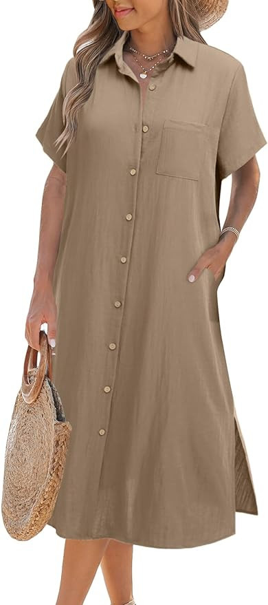 Zeagoo Women Dresses Summer Casual Short Sleeve Button Down Shirt Dresses 2026 Beach Cover Up wit... | Amazon (US)
