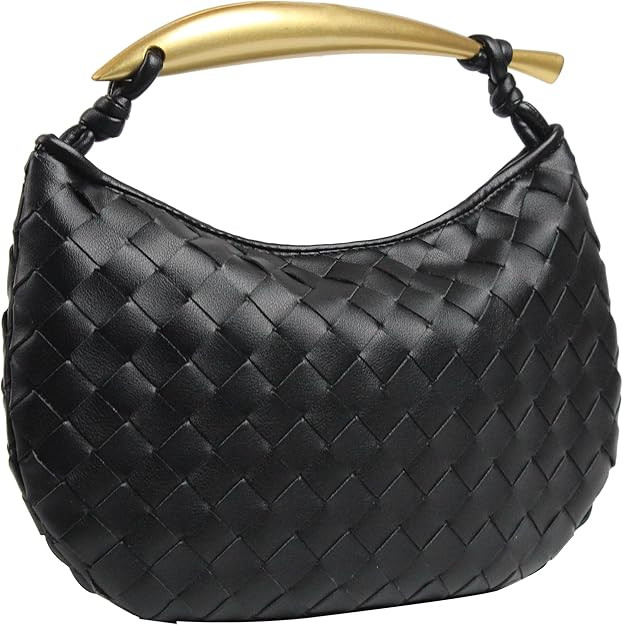 Women's Woven Leather Handbag with Metal Handle Top Tote Bag for Women Handmade Clutch Purse Clut... | Amazon (US)