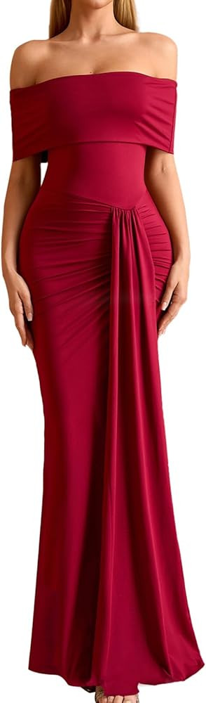 GLNEGE Off The Shoulder Formal Wedding Guest Maxi Dress for Women Fall Elegant Ruched Bodycon Coc... | Amazon (US)