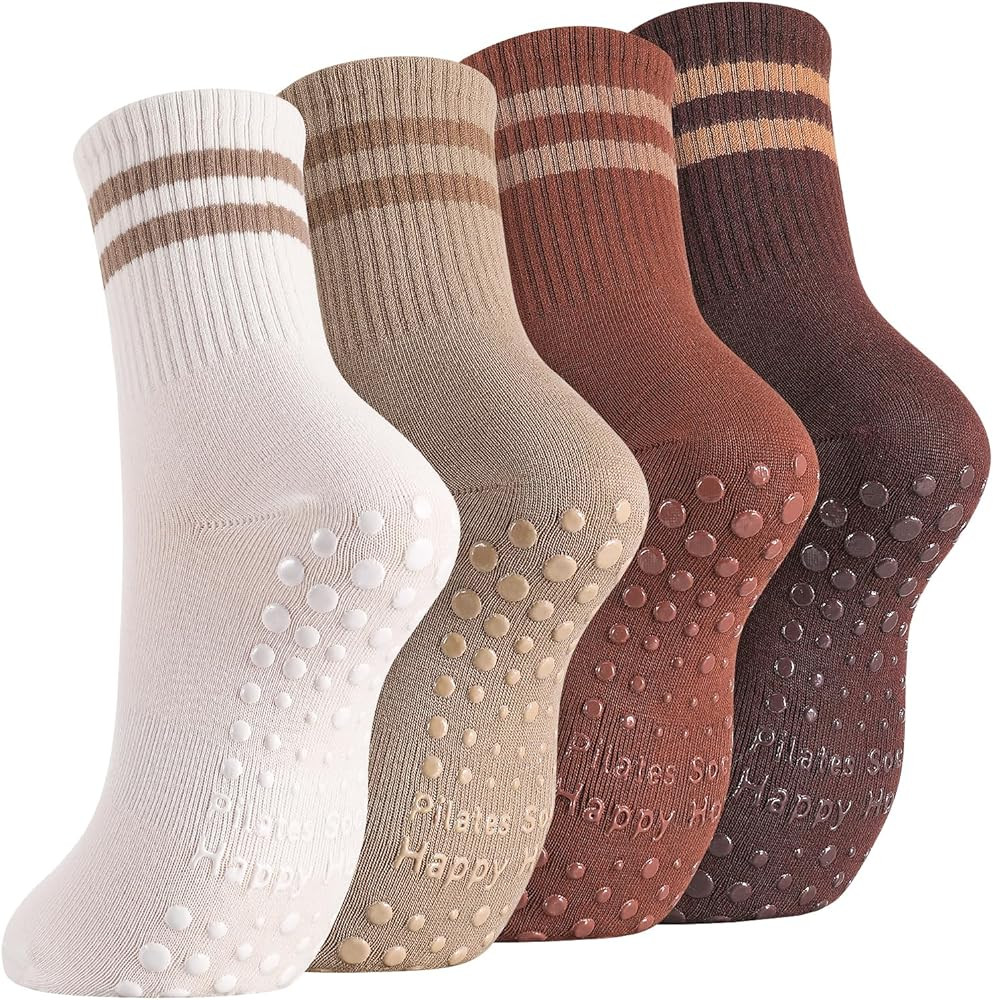 Jspupifip 4 Pairs Striped Pilates Socks with Grips for Women, Non-Slip Yoga Athletic Socks Cotton... | Amazon (US)