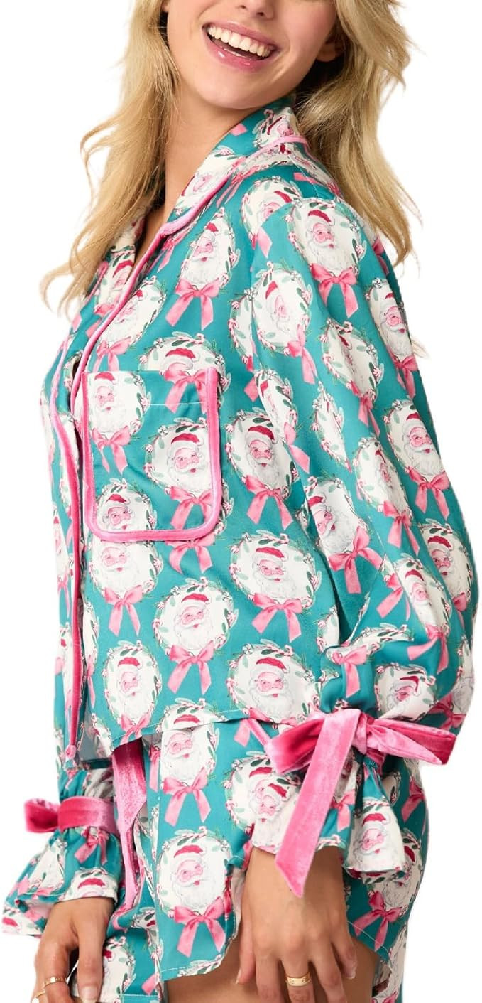 Muineobuka Women Christmas Pajamas 2 Piece Set Y2K Bow Tie Button Down Long Sleeve Shirts Wide Le... | Amazon (US)