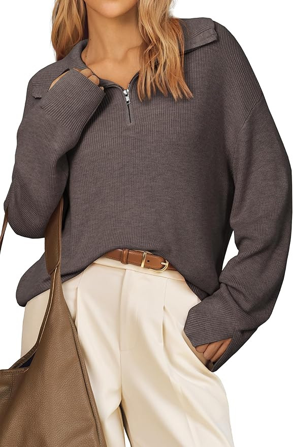 Arach&Cloz Women's Wool Blend Lapel Quarter Zip Fall Winter Trendy Casual Oversized Fit Sweater T... | Amazon (US)