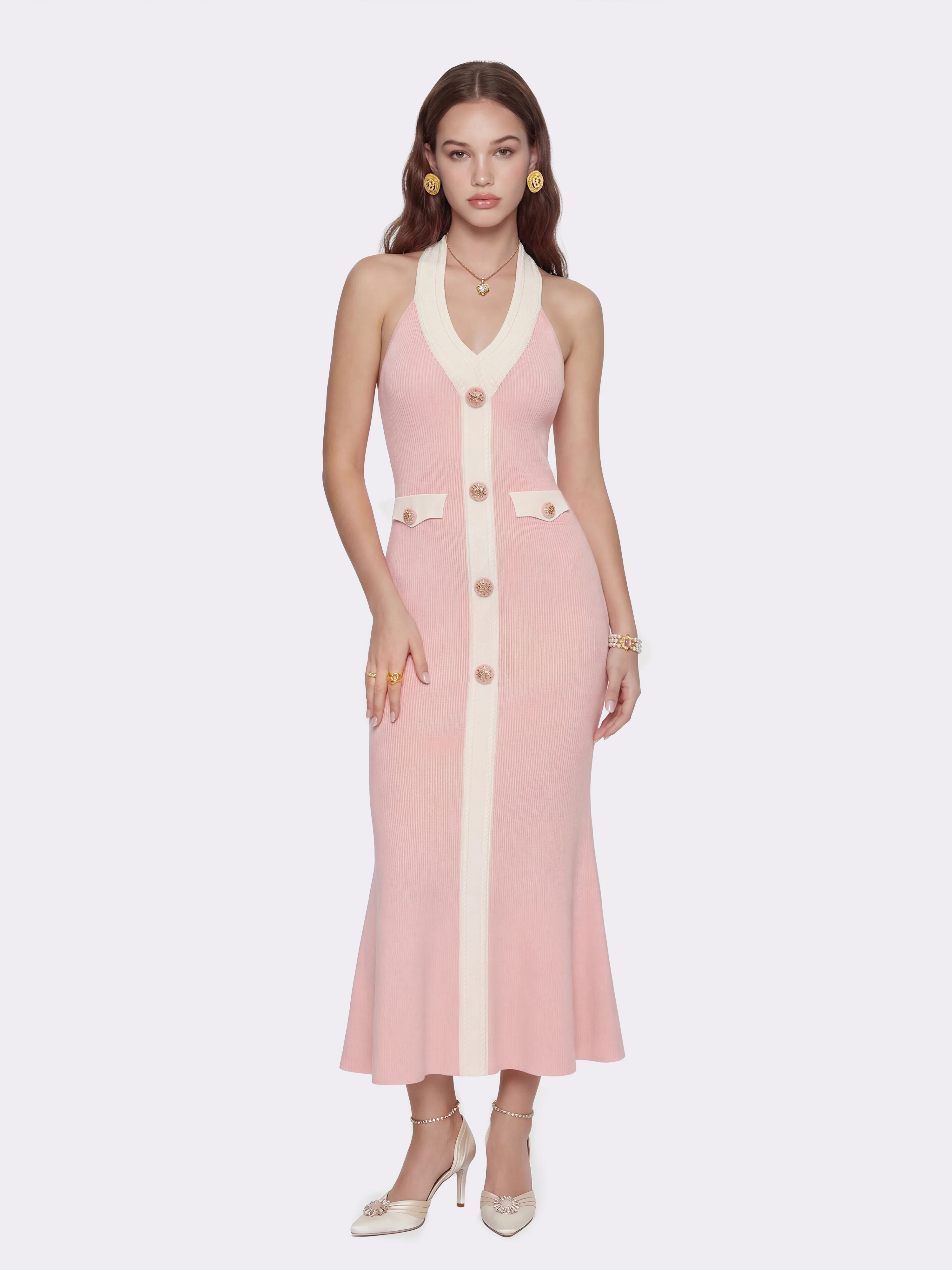 Giana Contrast Halter Knit Pink Maxi Dress | Nana Jacqueline