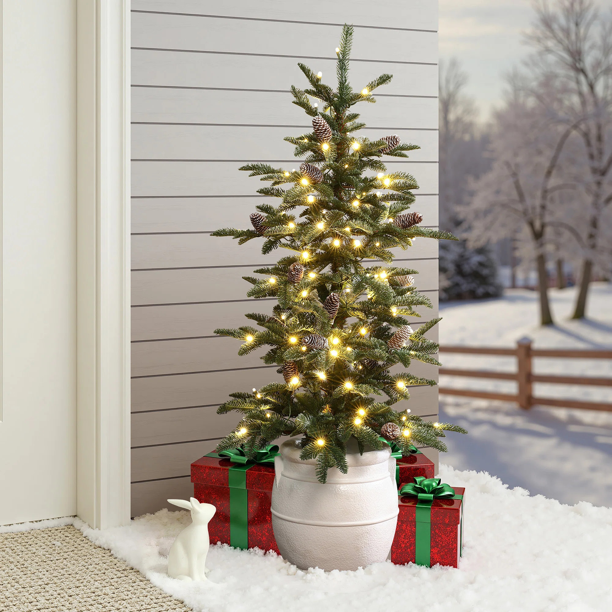 4Ft Pre-Lit Green Artificial Christmas Tree with Pinecones & Round White Pot | Wayfair North America