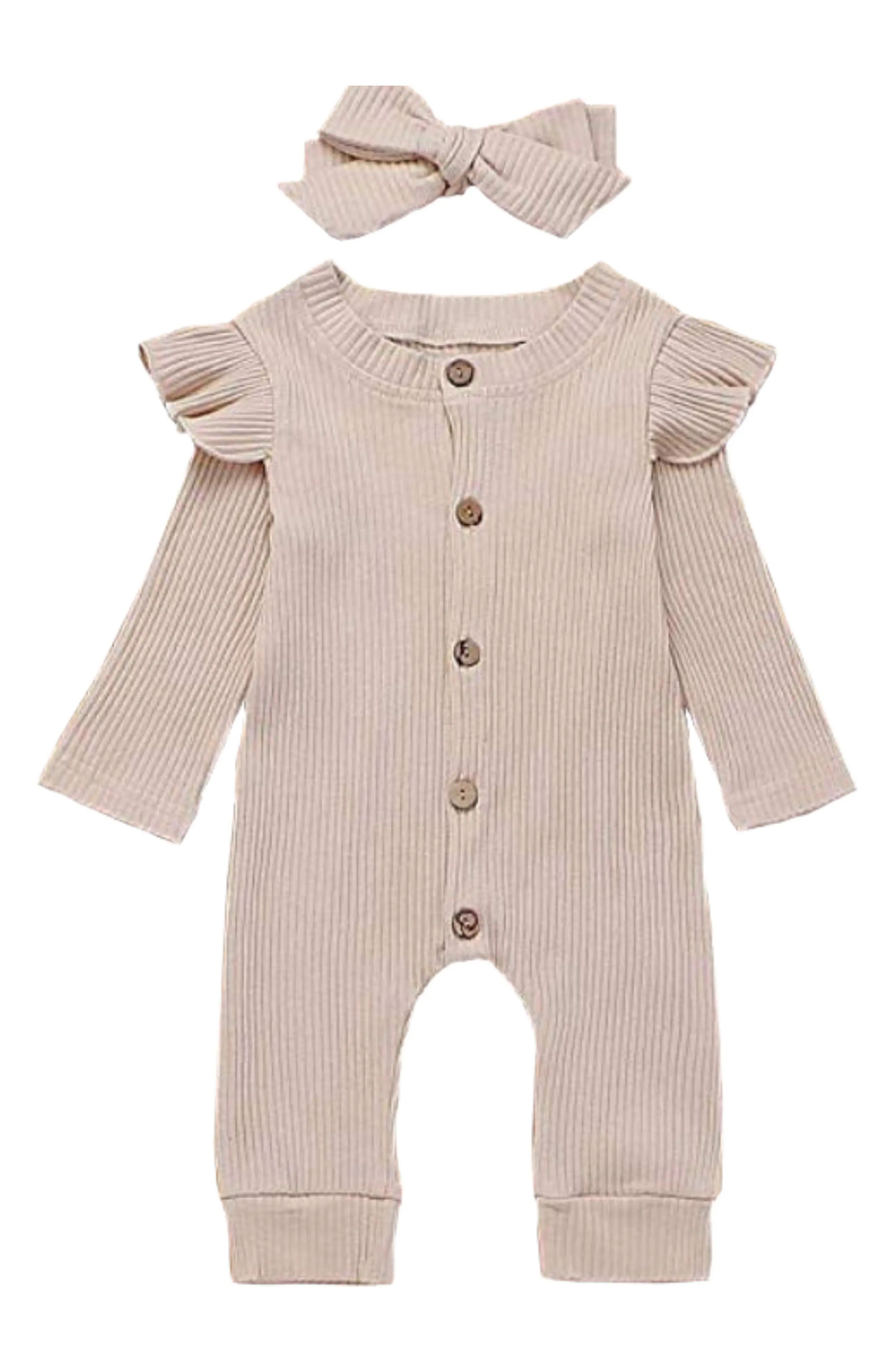 Ashmi & Co. Lilly Ruffle Shoulder Romper & Bow Headband Set in Beige at Nordstrom, Size 18-24M | Nordstrom