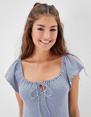AE Striped Flutter Sleeve Romper | American Eagle Outfitters (US & CA)