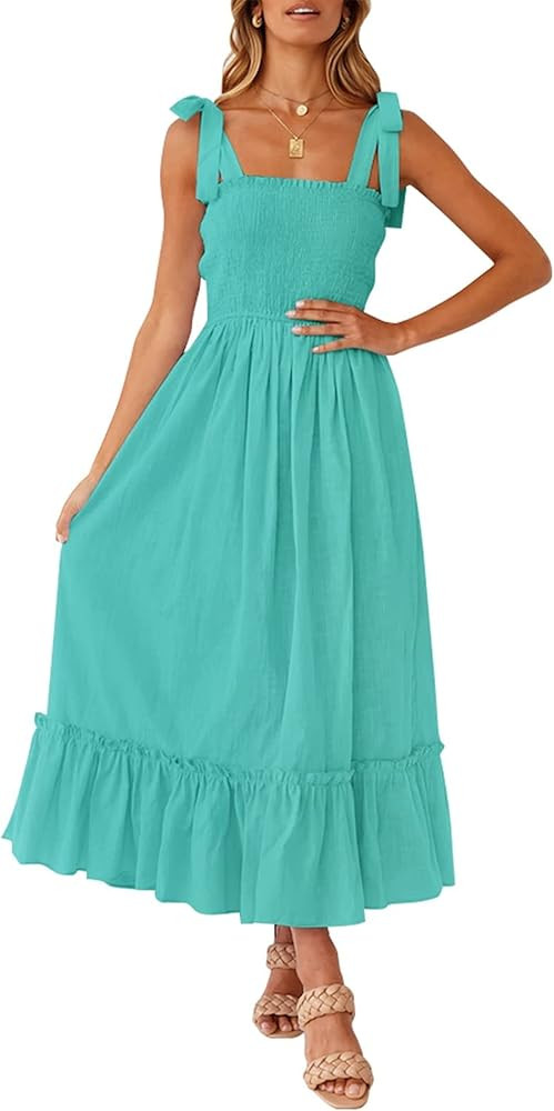 ZESICA Women's 2024 Summer Boho Spaghetti Strap Square Neck Solid Color Ruffle A Line Beach Long ... | Amazon (US)