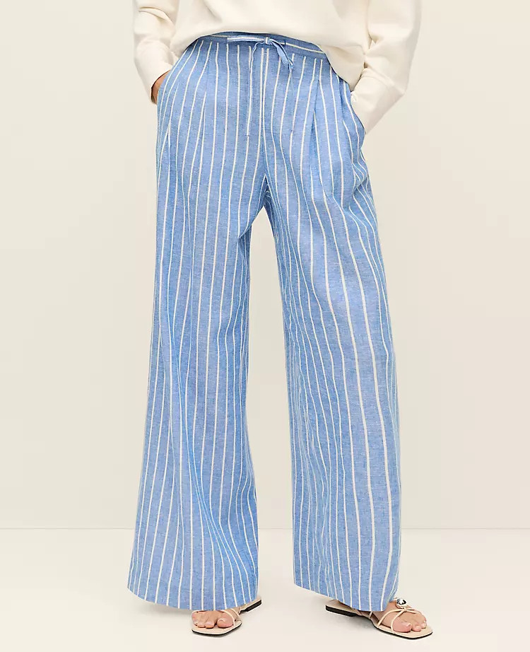 The Striped Pull On Wide-Leg Pant in Linen | Ann Taylor