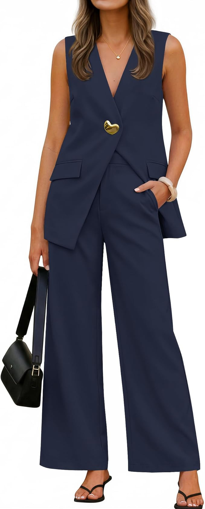 ZESICA Women's 2026 Summer 2 Piece Suit Sets Sleeveless Blazer Vest and Wide Leg Pants Business C... | Amazon (US)