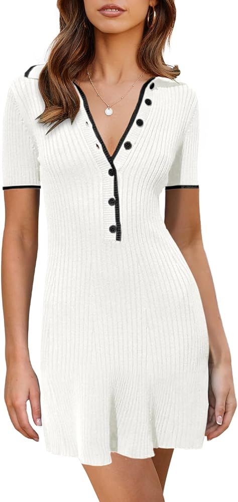 Saodimallsu Womens V Neck Short Sleeve Slim Fit Bodycon Sweater Dress Button Up Ribbed Knit Mini ... | Amazon (US)