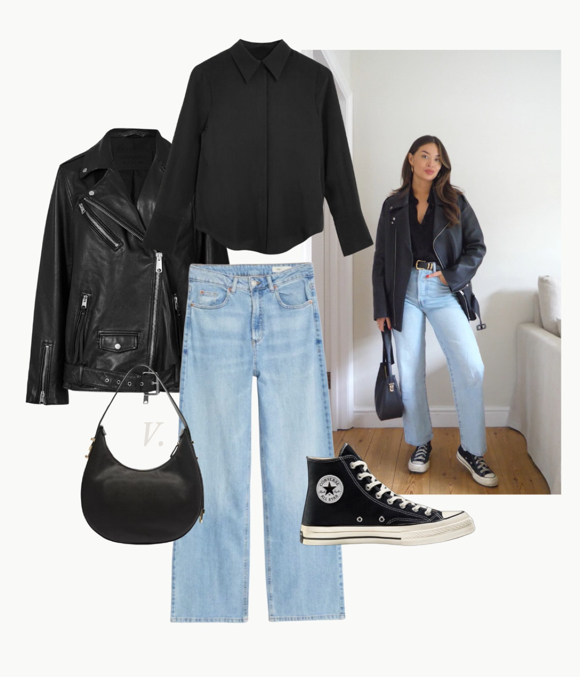 LOOK 1 from my What I Wore Last Week reel (I wear a M in the leather jacket) #leatherjacket #russellandbromley #levisjeans 