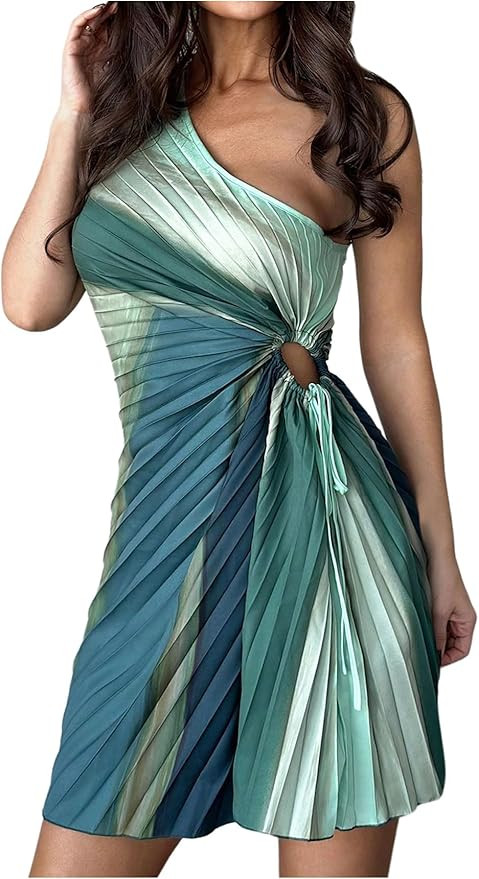 MakeMeChic Women's Summer Dress 2026 Tie Dye One Shoulder Mini Dress Pleated Cut Out Wedding Gues... | Amazon (US)