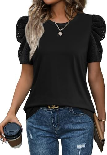 WIHOLL Summer Tops for Women Puff Sleeve Crewneck T Shirts Dressy Casual Blouses Spring Outfits F... | Amazon (US)