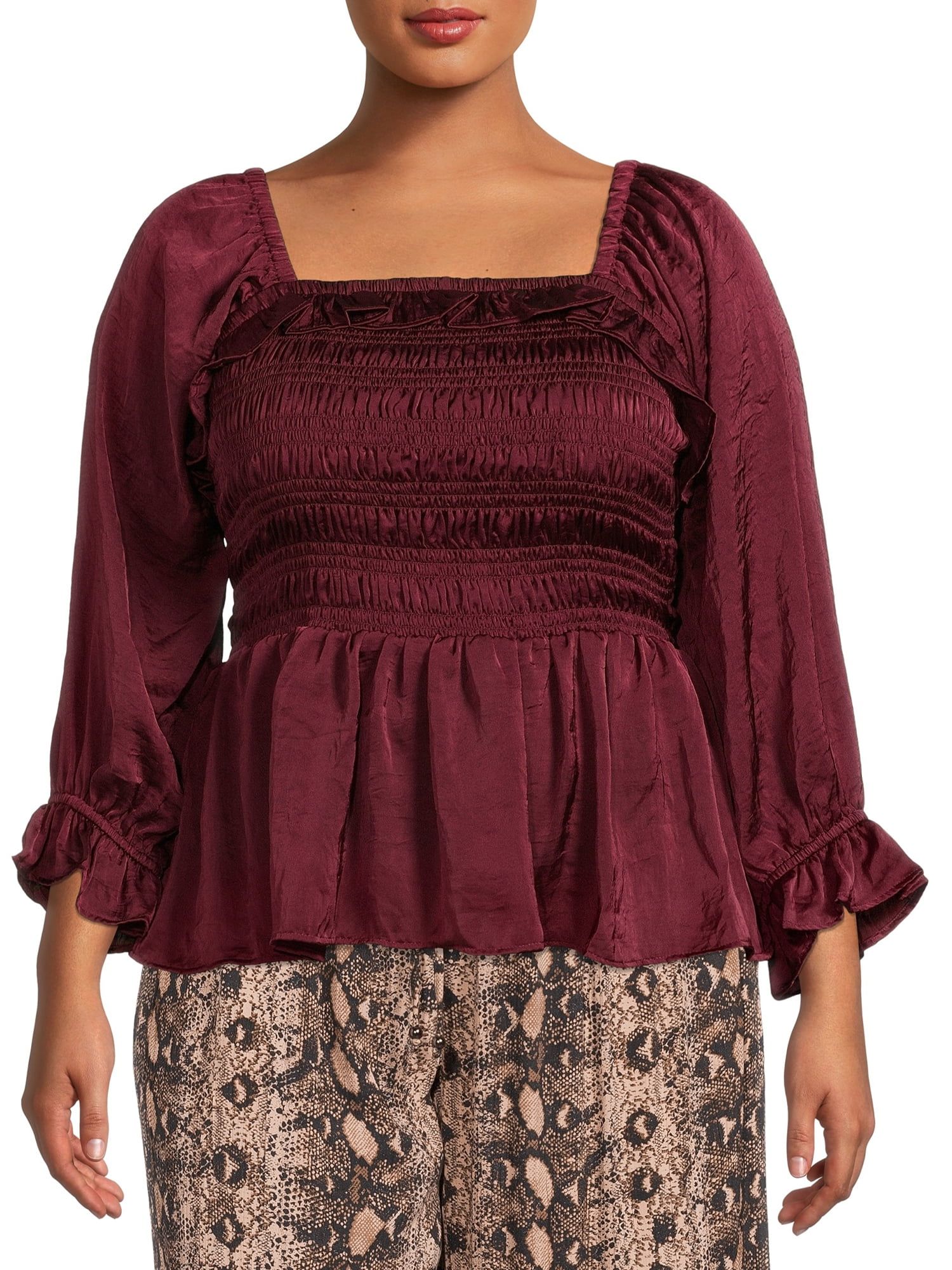Romantic Gypsy Women's Plus Size Hammered Satin Square Neck Top | Walmart (US)