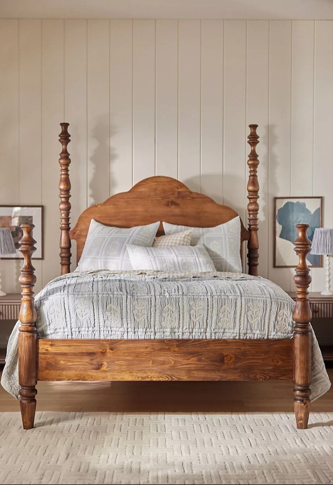 Accented by carved posters and a cloud-like headboard, this bed exudes a charm that matches farmhouse-style and eclectic bedrooms alike.

Acacia wood and tropical hardwood bed with a sandblasted finish
Wooden slat support system; box spring recommended
Sealed with clear lacquer for protection
Wipe clean with soft cloth. Avoid chemical cleaners
Easily assembled upon delivery
Imported 

 #LTKmomlife #LTKOver40 #LTKHome