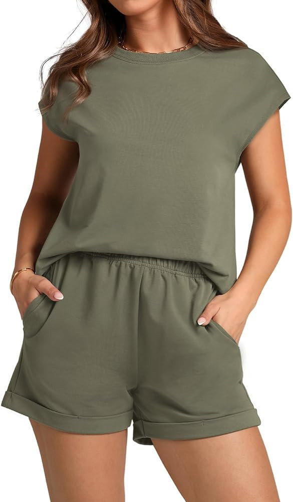 WIHOLL 2 Piece Sets for Women Casual Summer Lounge Set Cap Sleeve Tops and Elastic Waist Shorts T... | Amazon (US)